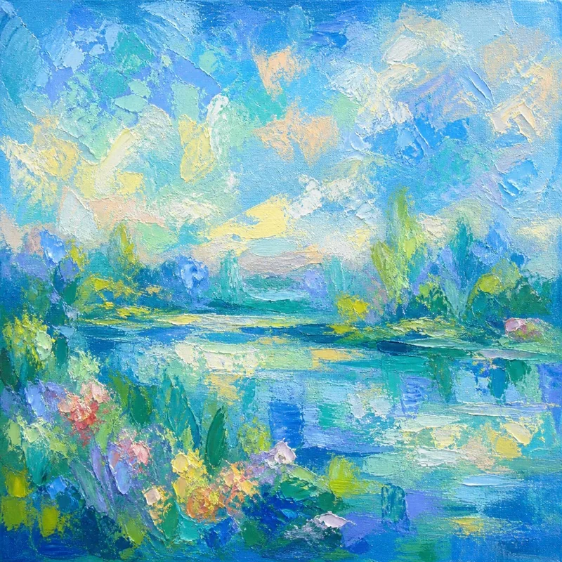 Impressionist painting of a bright water garden in blues and greens