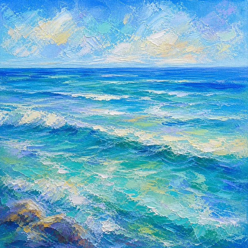 Impressionist painting of a deep blue ocean, waves in motion