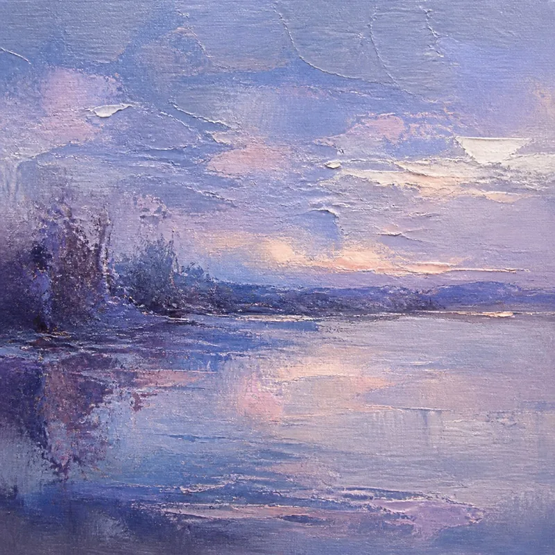 Impressionist painting of a still lake at dusk in lavender tones