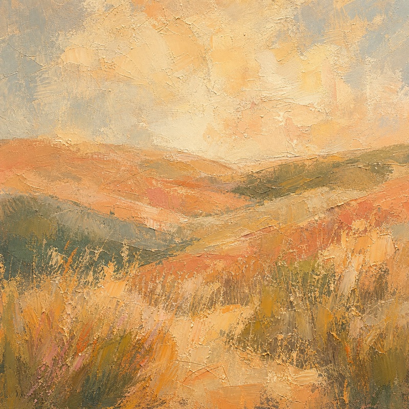 Impressionist painting of golden grassland hills