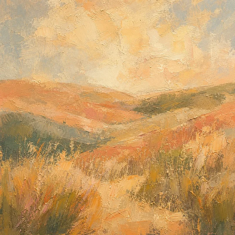 Impressionist painting of golden grassland hills